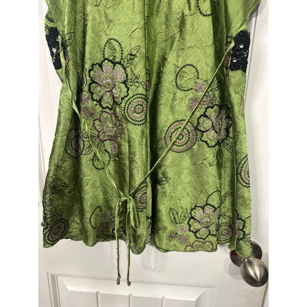 Y2K Heart Soul Green Floral Embroidered Sequin Lace Empire Waist Top Boho Fairy - Picture 9 of 9